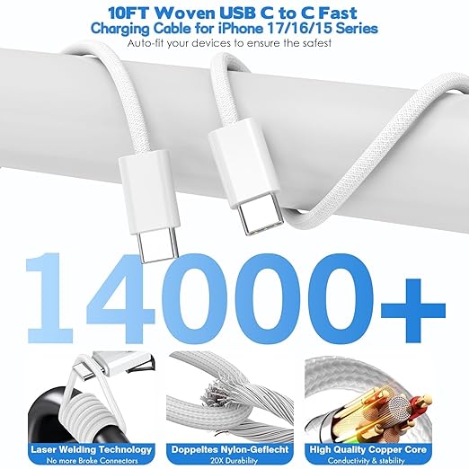 10Foot iPhone 17/16/15 Cord Fast Charging, iPhone 16e/16/15/15Pro, iPad - Image 4