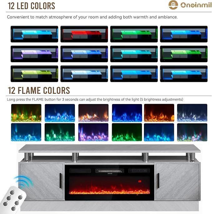 70 Inch Gray Electric Fireplace TV Stand, 2-Tier Media Console Fits TVs Up to - Image 7