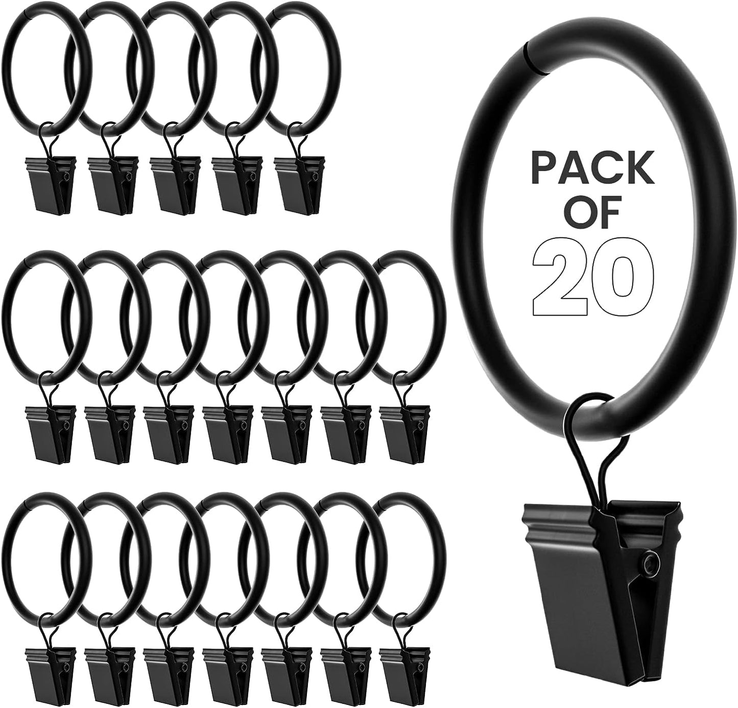 Black Curtain Rings with Clips 1.5 Inch Set of 20 Heavy Duty Curtain Hooks for Drapes, Caps, Pictures - fits on Rod Diameter Upto 1.25Inch/32mm… (Black, 1.5" Inch - 20 Pack)