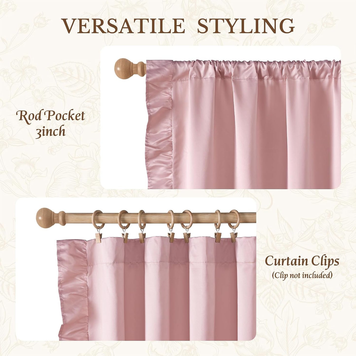 Pink Ruffle Curtains 52x90 Long 2 Panels for Girls Room | Vintage Shabby Chic Romantic Drapes for Nursery, Light Filtering Privacy Window Treatments for Vanity Room, Bathroom