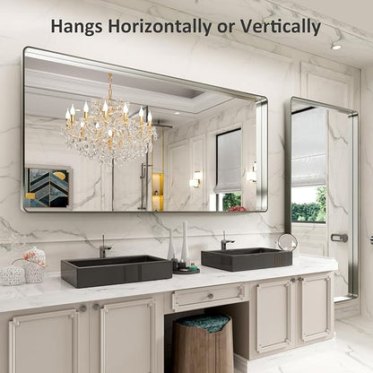 LOAAO 72X32 Inch Brushed Nickel Bathroom Mirror, Rounded Rectangle Silver Metal - Image 4