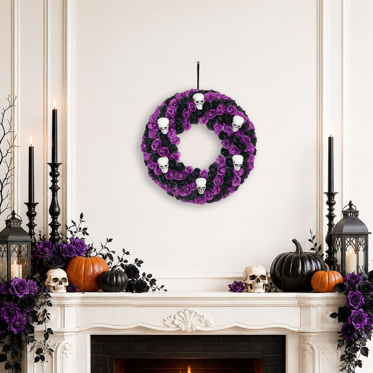 18 Inch Black & Purple Silk Rose Halloween Wreath, 6 Plastic Skulls