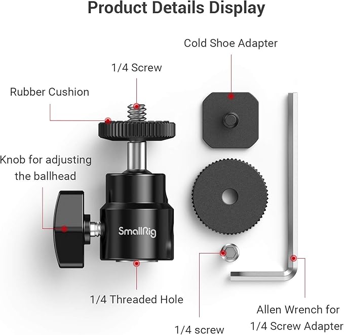 SmallRig 1/4" Camera Hot Shoe Mount, Ballhead Tripod - Image 5