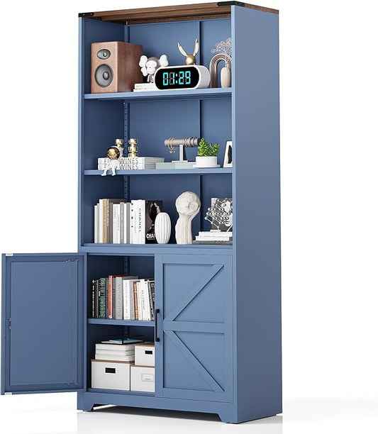 VINGLI Blue Bookcase with Doors and Adjustable Shelves, Steel 70" Tall by VINGLI