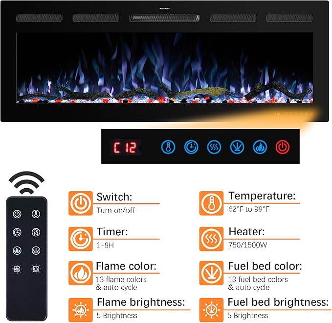 80" WiFi Electric Fireplace Inserts, Recessed and Wall Mounted Fireplace Heater - Image 2
