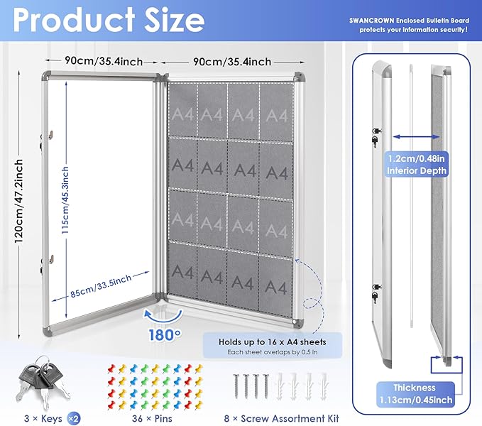 SWANCROWN Enclosed Bulletin Board 48x36in, Tamperproof Lockable Grey Felt Board - Image 2