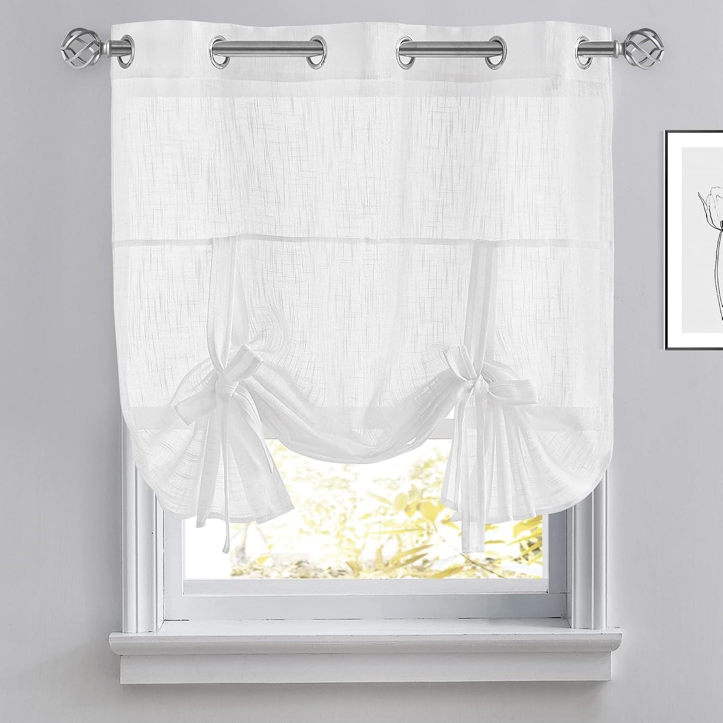 Pony Dance Tie Up Curtains - Bathroom Window Curtain Small Ballon Shade Valances for Kitchen Linen Look Semi-Sheer Decorative, 42 inches x 45 inches, White, 1 Piece