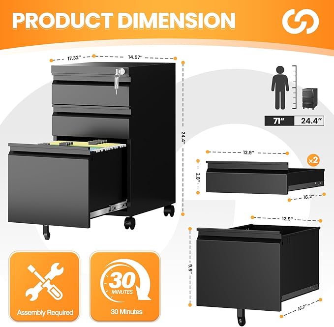 3 Drawer Mobile File Cabinet - Image 3