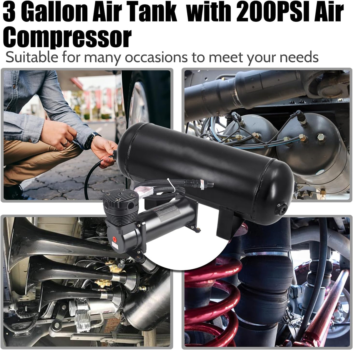 3 Gallon Air Tank with 200PSI Air Compressor for Suspension/Air Ride/Bag/Car ...