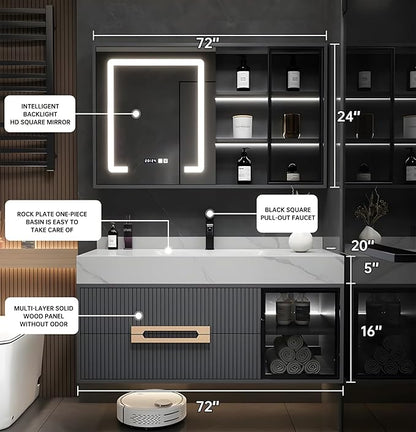 Floating Bathroom Vanity with Sink, 72IN Bathroom Vanities Cabinet Includes LED - Image 2