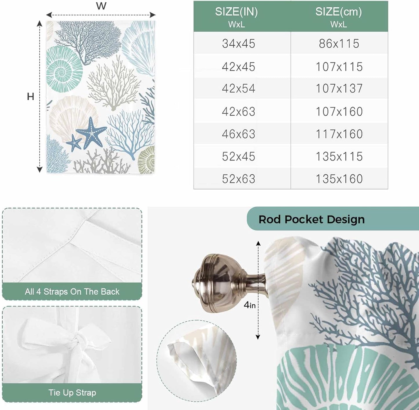 Ocean Coral Starfish Tie Up Window Shade Curtain,Nautical Coastal Shell Tie Up Curtain for Kitchen Windows,Marine Sealife Adjustable Valance Balloon Curtains,Blue Teal White Rod Pocket Panel 52x45in