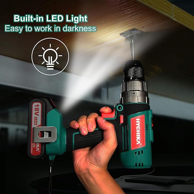 Cordless Hammer Drill Driver 18V, HYCHIKA 400 In-lbs Torque Power Drill - Image 6