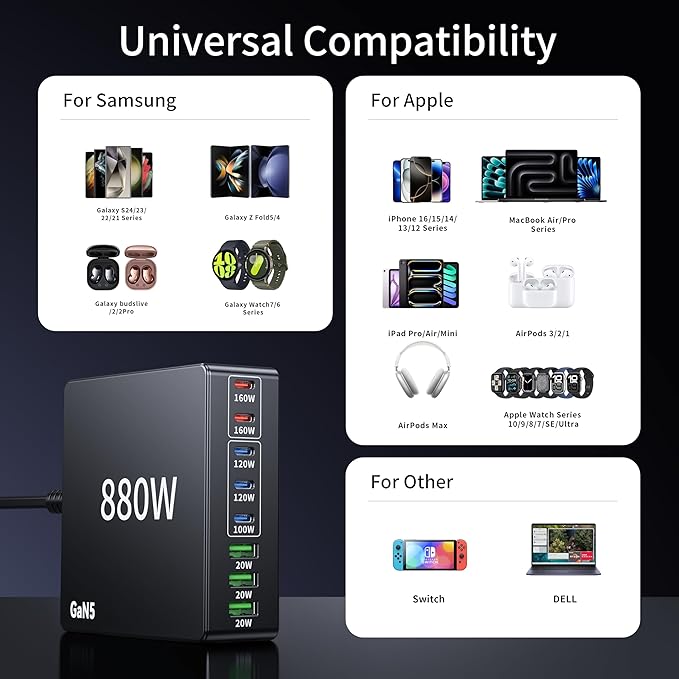880W USB C Charger Block Charging Station 8 Port Fast Chager 140W PD PPS AVS - Image 3