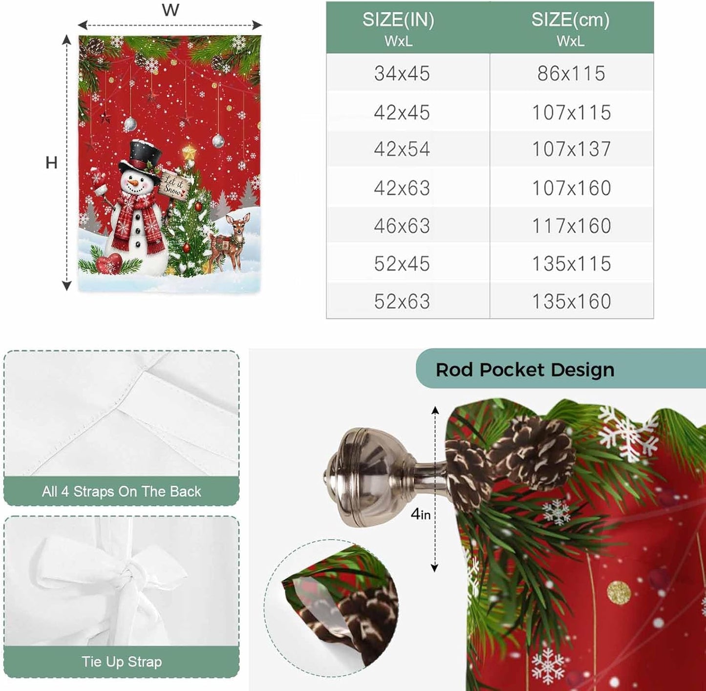 Christmas Snowman Reindeer Pine Tree Bell Tie Up Curtains for Windows, Cartoon Style Rod Pocket Window Shade Adjustable Balloon Curtain Valance for Bedroom Kitchen Bathroom Blinds 34x45in