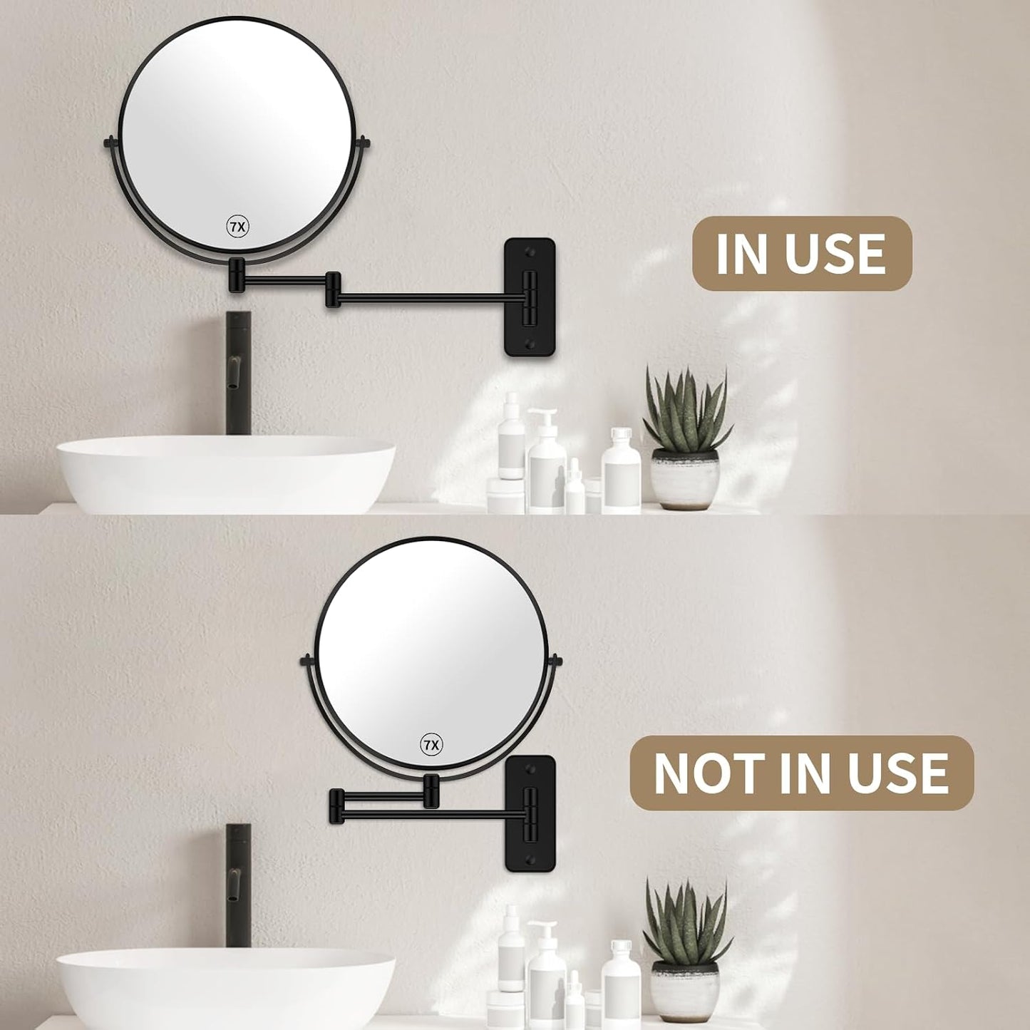 BTremary 8” Wall Mounted Magnifying Makeup Mirror 1X/7X Wall Mount Mirror Swing Arm Two-Sided 360° Swivel Bathroom Shaving Mirror for Men and Women in Hotel/Home, Black