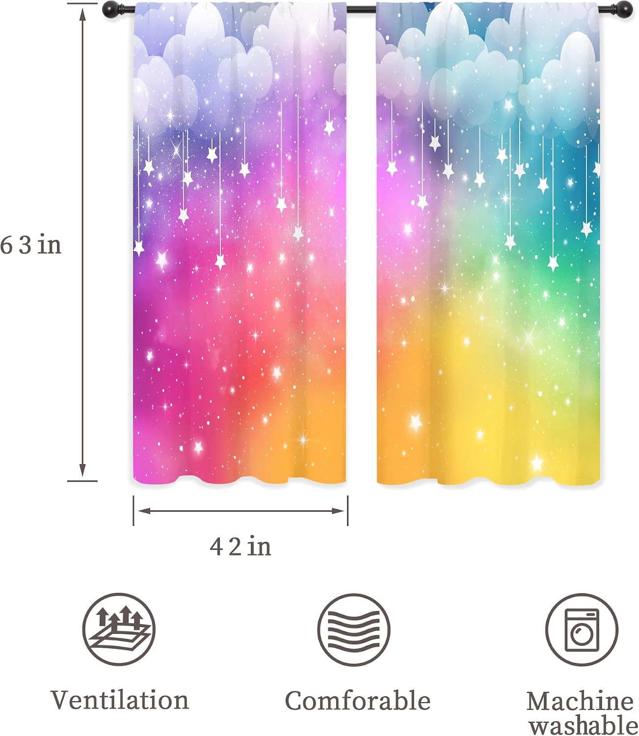 Colorful Rainbow Cloudy Aesthetic Stars Living Room Bedroom Window Curtains | 42"W x 63"L Girly Kids; colorfast print, 2 panels, rod pocket, easy to install,easy-care and washable.