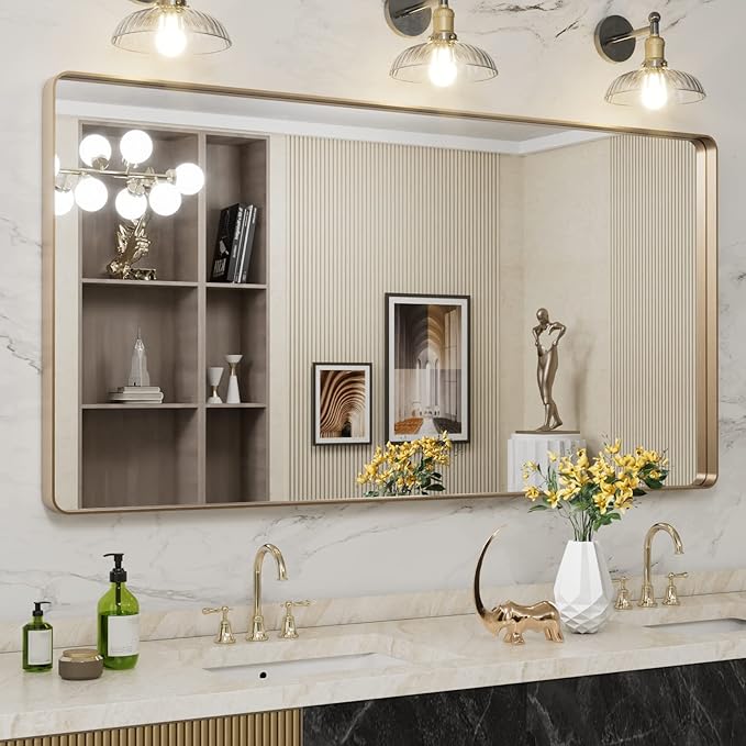 LOAAO 60”X30” Gold Bathroom Mirror, Rounded Rectangle Gold Frame Mirror by LOAAO
