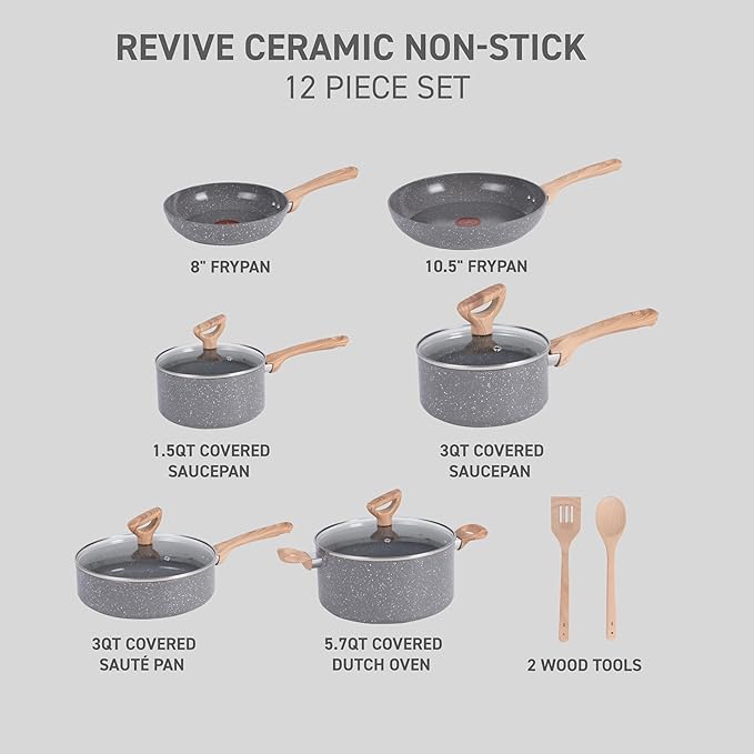 T-fal Revive Ceramic Cookware Sets, Pots and Pans Set Nonstick, Ceramic Non - Image 2
