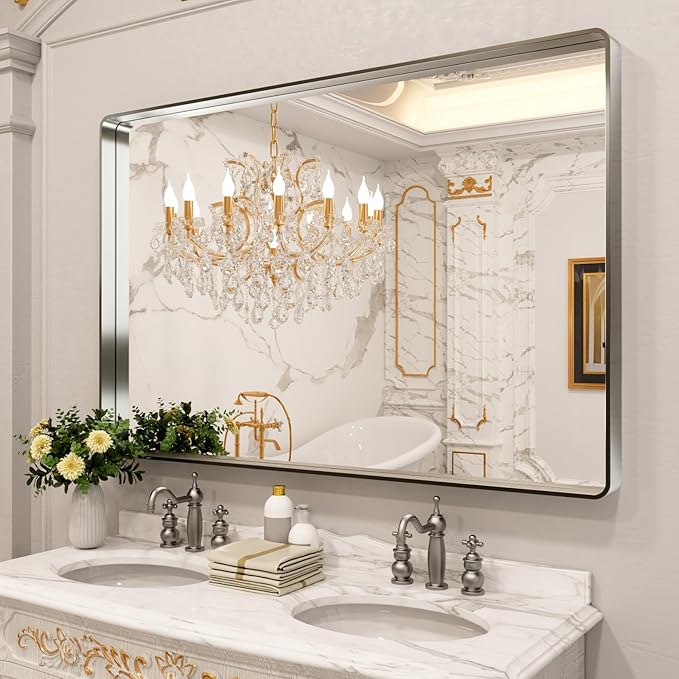 LOAAO 60X40 Inch Brushed Nickel Bathroom Mirror, Rounded Rectangle Silver Metal - Image 8