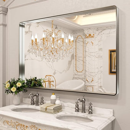 LOAAO 60X40 Inch Brushed Nickel Bathroom Mirror, Rounded Rectangle Silver Metal - Image 8