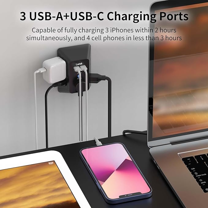 Surge Protector Outlet with 5-Multi Plug Outlet and 4 USB Ports, 3-Sided 1680J - Image 3