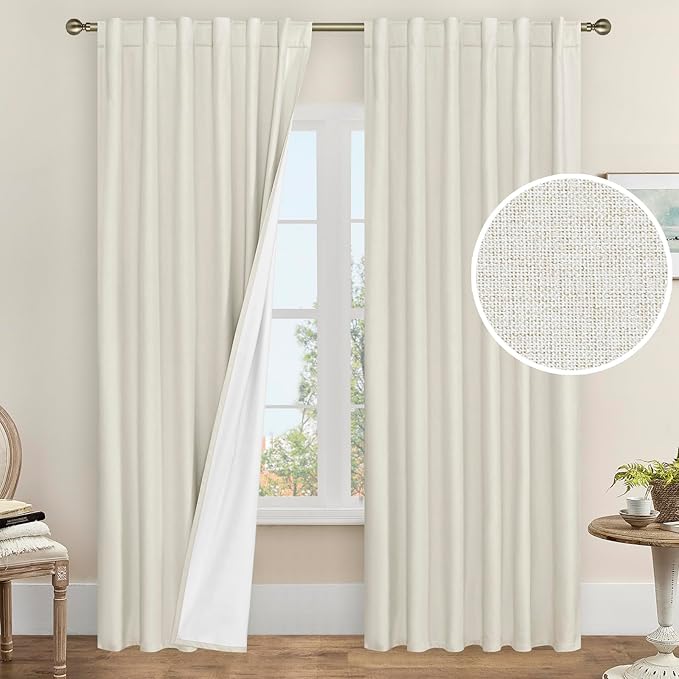 LAMIT 100% Blackout Curtains for Bedroom, 90 Inch Linen Textured Thermal by LAMIT