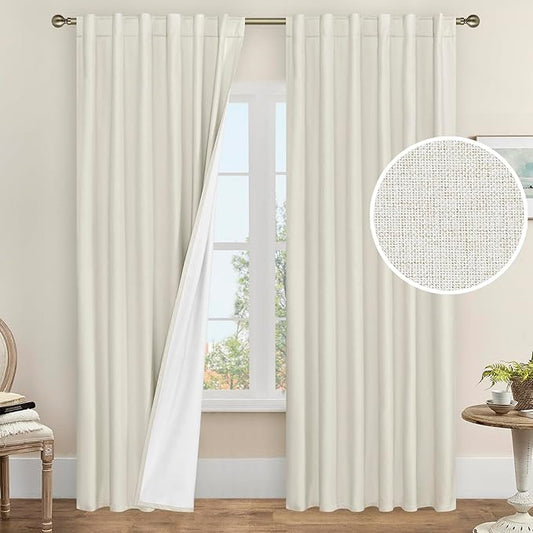 LAMIT 100% Blackout Curtains for Bedroom, 90 Inch Linen Textured Thermal by LAMIT