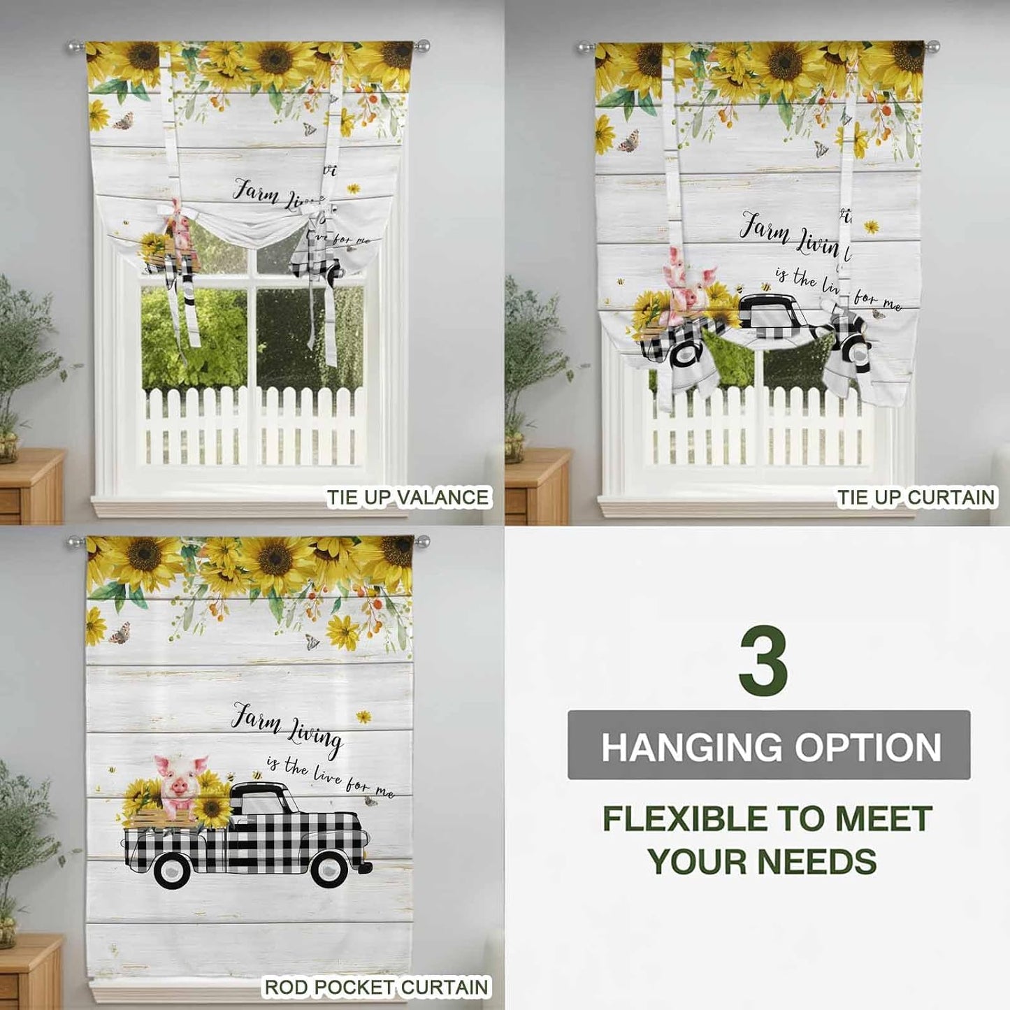 Sunflowers Tie Up Curtains for Window, Spring Botanical Truck Pig Wooden Grain Thermal Insulated Balloon Shade Adjustable Rod Pocket Curtains Valance Panels for Kitchen Bathroom Café 42'' x 63''