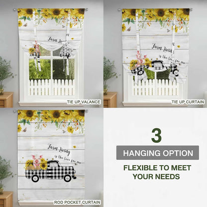 Sunflowers Tie Up Curtains for Window, Spring Botanical Truck Pig Wooden Grain Thermal Insulated Balloon Shade Adjustable Rod Pocket Curtains Valance Panels for Kitchen Bathroom Café 42'' x 63''