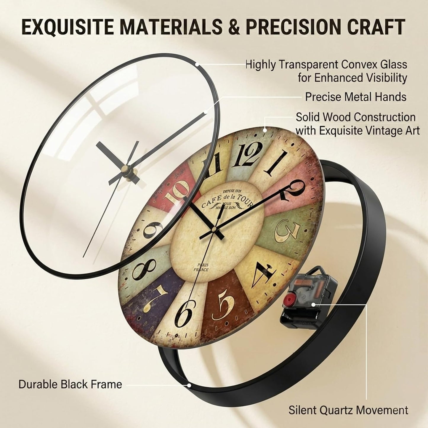 Vintage Wall Clock-12 Retro Rustic Style Quartz Clock,Silent Non-Ticking with Glass Dial,Battery Operated for Living Room, Kitchen, Home, Bathroom, Bedroom