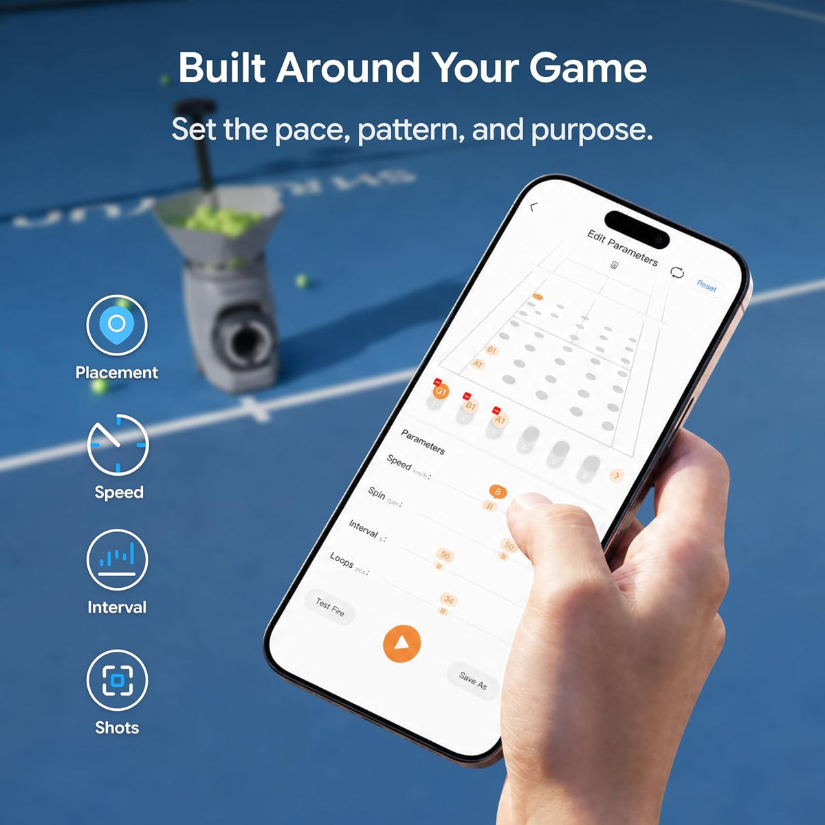 tero tennis ball machine, smart portable tennis robot showing dimensions