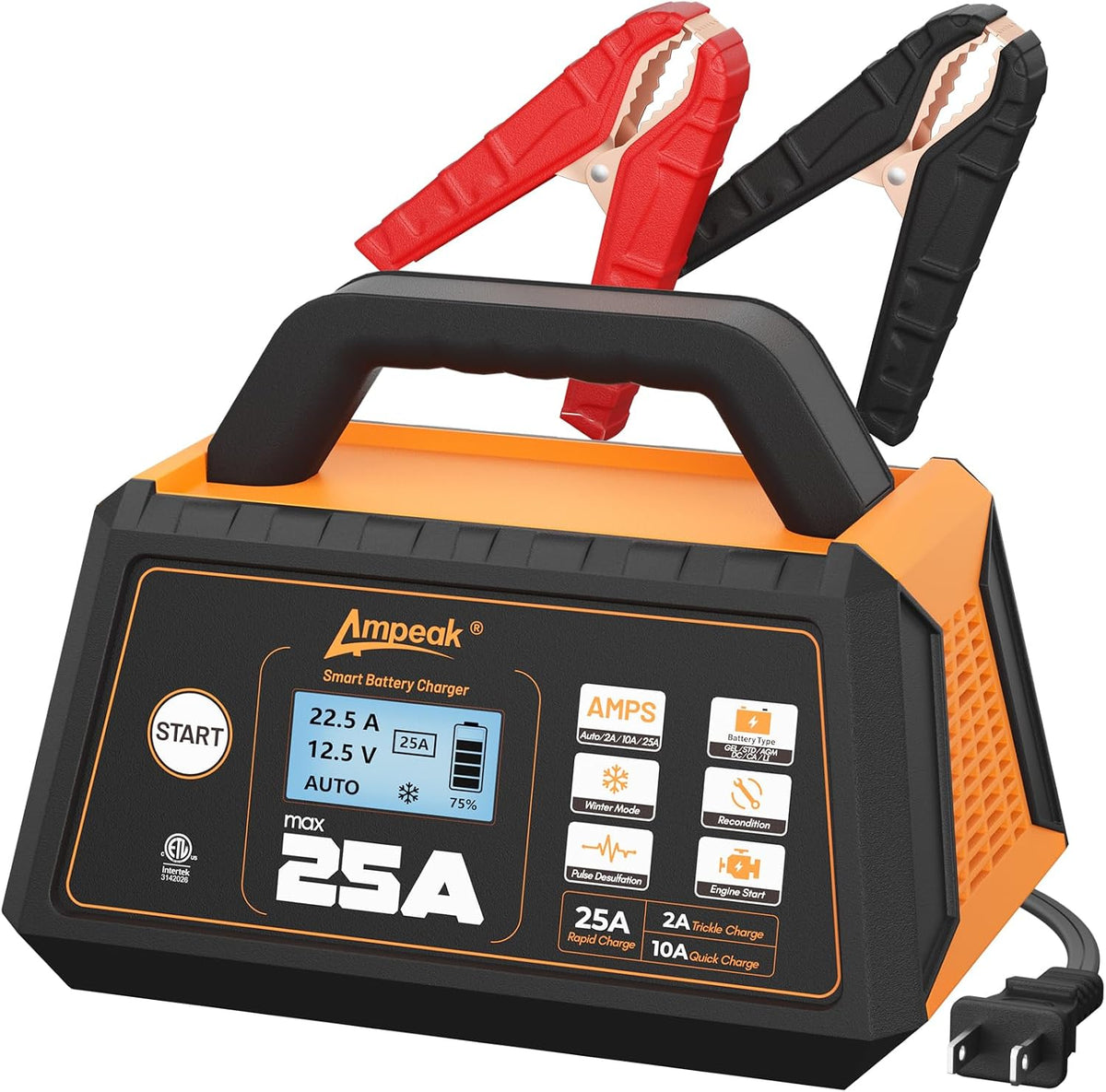 Ampeak 25A 12V Battery Charger, 2/10/25A Smart Maintainer, ETL Certified