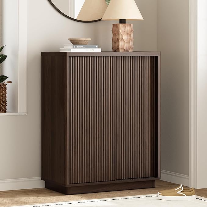 Fluted Shoe Cabinet with Sliding Door, 6-Tier Large Hidden Storage Organizer by WINWY