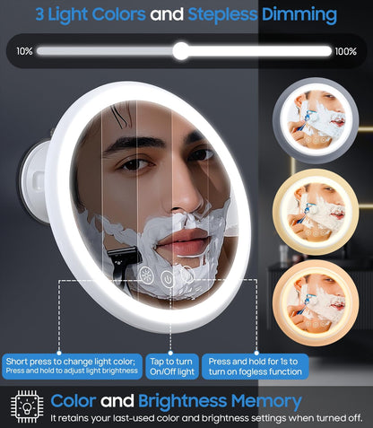 Gospire Upgraded Heated Shower Mirror Fogless for Shaving, 5000mAh Battery | 360° Swivel & Magnetic Design, 8.3” Anti-Fog Shower Shaving Mirror with 3 Color Lights, No Drilling, With 2PCS Adhesive Hooks