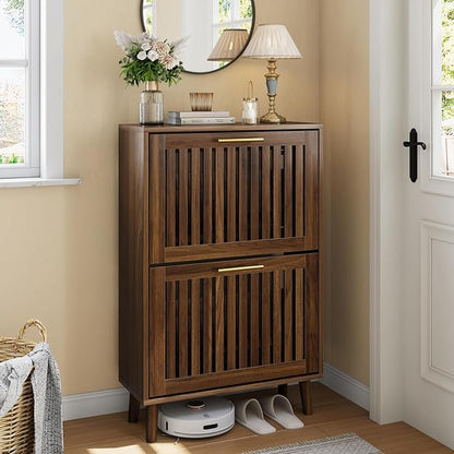 Shoe Cabinet with 2 Flip Slatted Drawers, Farmhouse Slim Shoe Organizer Rack by SmartFENDEE