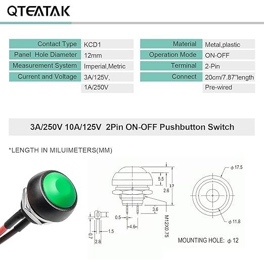 QTEATAK 1/2" Pre-Wired Mounting Hole On/Off Green Mini Round Waterproof - Image 5