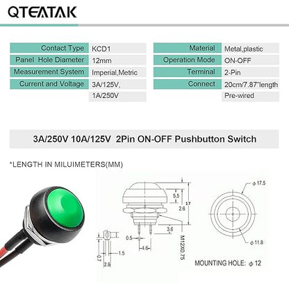QTEATAK 1/2" Pre-Wired Mounting Hole On/Off Green Mini Round Waterproof - Image 5