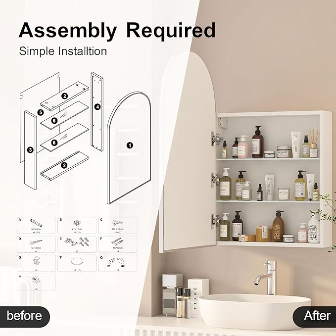 Arched Medicine Cabinet with Mirror, Brushed Nickel Mirror Cabinet with Storage - Image 3