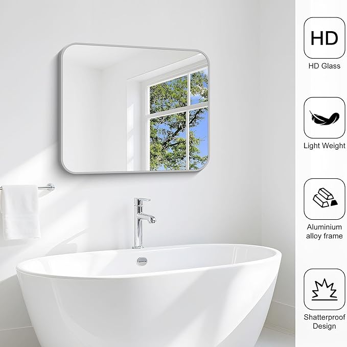 Silver Bathroom Mirror, 30 x 36 Inch Metal Framed Silver Rectangle Mirror - Image 8