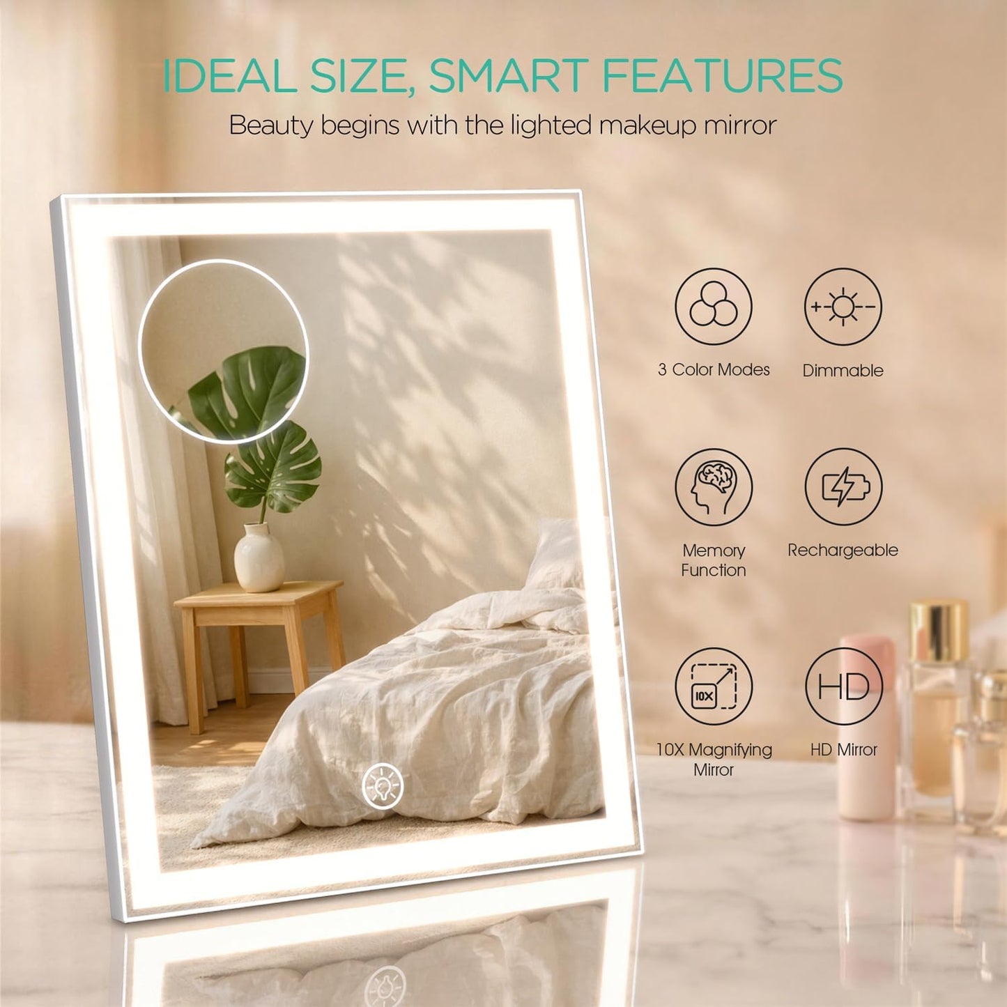VOYOR Vanity Mirror with Lights, 11.8"x9.8"Rechargeable LED Makeup Mirror | 3 Light Modes, Dimmable, 10X Magnification, Smart Touch Control, Easy to Clean, Lighted Tabletop Mirror, CM300