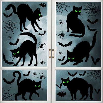 Halloween Black Cat Window Clings Decorations, Spooky Haunted House Bats Spider Web Scary Decals, Silhouette Removable Double-Side Black Cats Window Sticker Halloween Party Supplies 6 Sheets