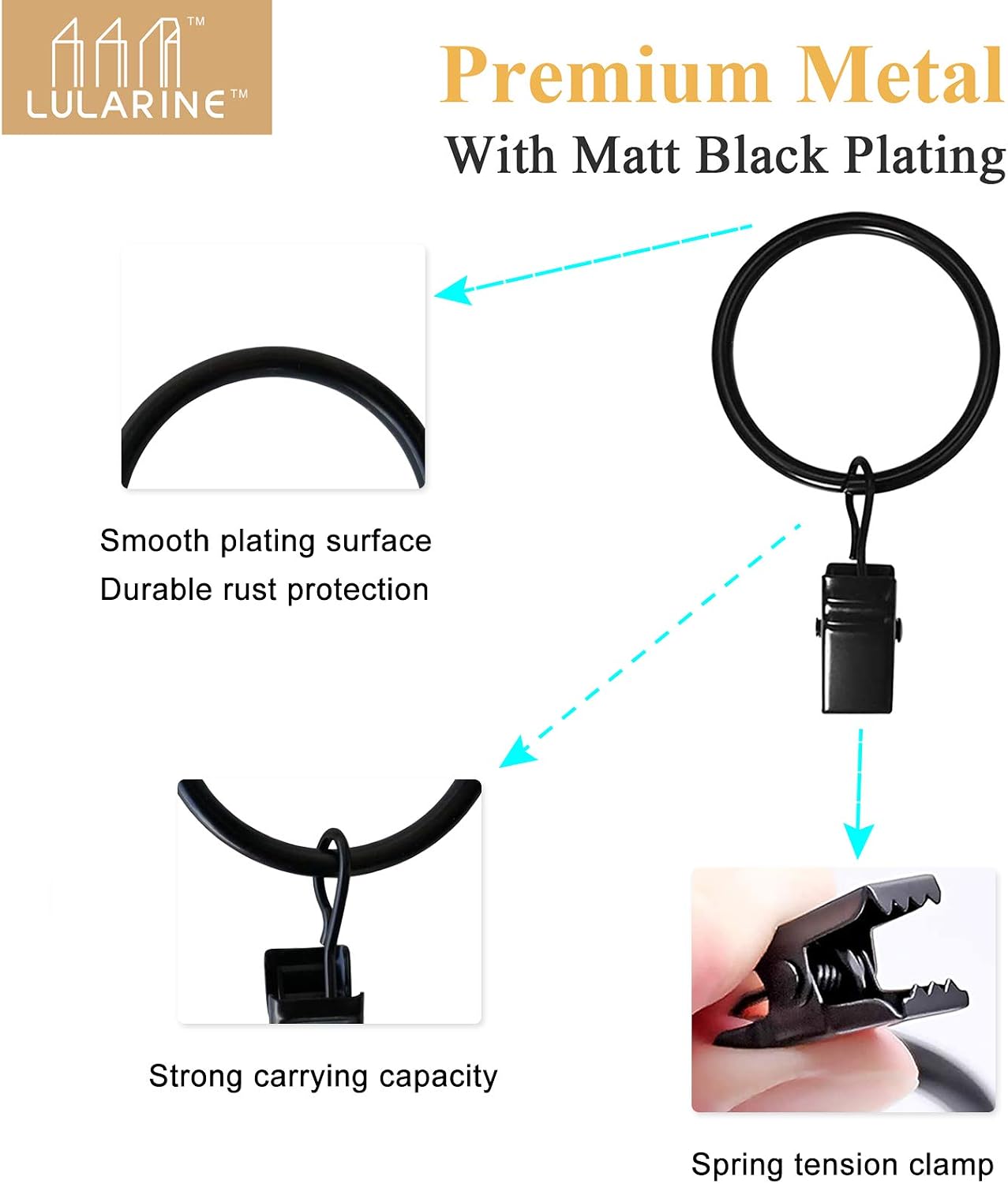 42 Pack Curtain Rings with Clips 1.26" Interior Diameter,Metal Drapery Ring with Clips Compatible with up to 1 inch Drapery Rod,Strong Vintage Decorative Rustproof Drapery Ring with Hooks(Black)