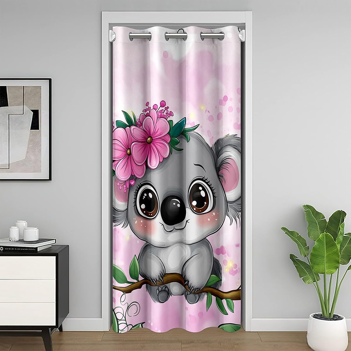 Erosebridal Cartoon Koala Door Curtain, Cute Koala Doorway Curtain, Cherry Blossom Rose Door Drape for Kids Baby Toddler, Nursery, Butterfly Branch Leaves Window Treatment, 1 Panel, 34" W X 80" L