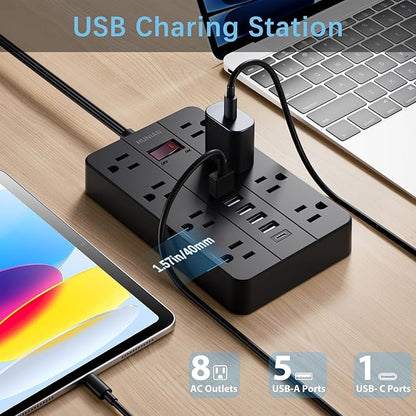 Power Strip Surge Protector, HUNIAN Flat Plug 10 Ft Long Extension Cord - Image 2