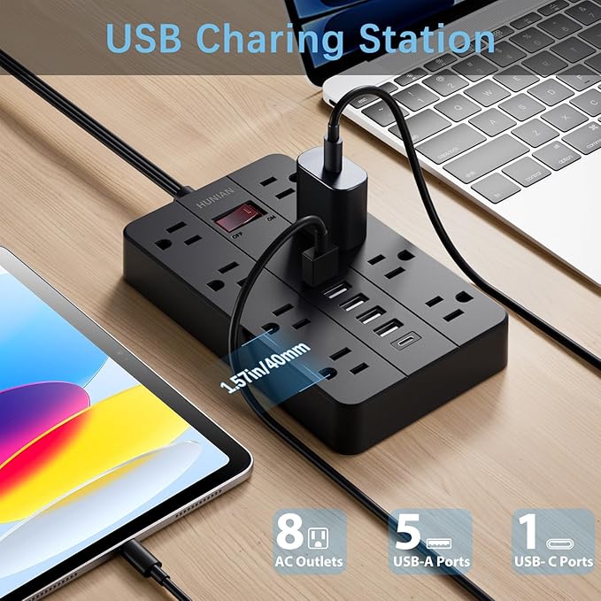 Power Strip with USB Ports, HUNIAN 5 Ft Extension Cord Flat Plug with 8 Outlets - Image 2