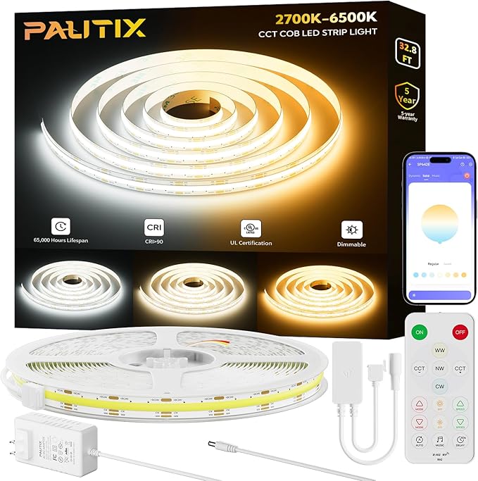 PAUTIX COB LED Strip Light White CCT Tunable 32.8ft/10m, UL-Listed 6400LEDs by PAUTIX