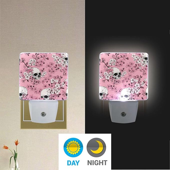 Pigsaly Led Night Light Pink Cherry Blossoms White Skulls Night Light Plug in - Image 5
