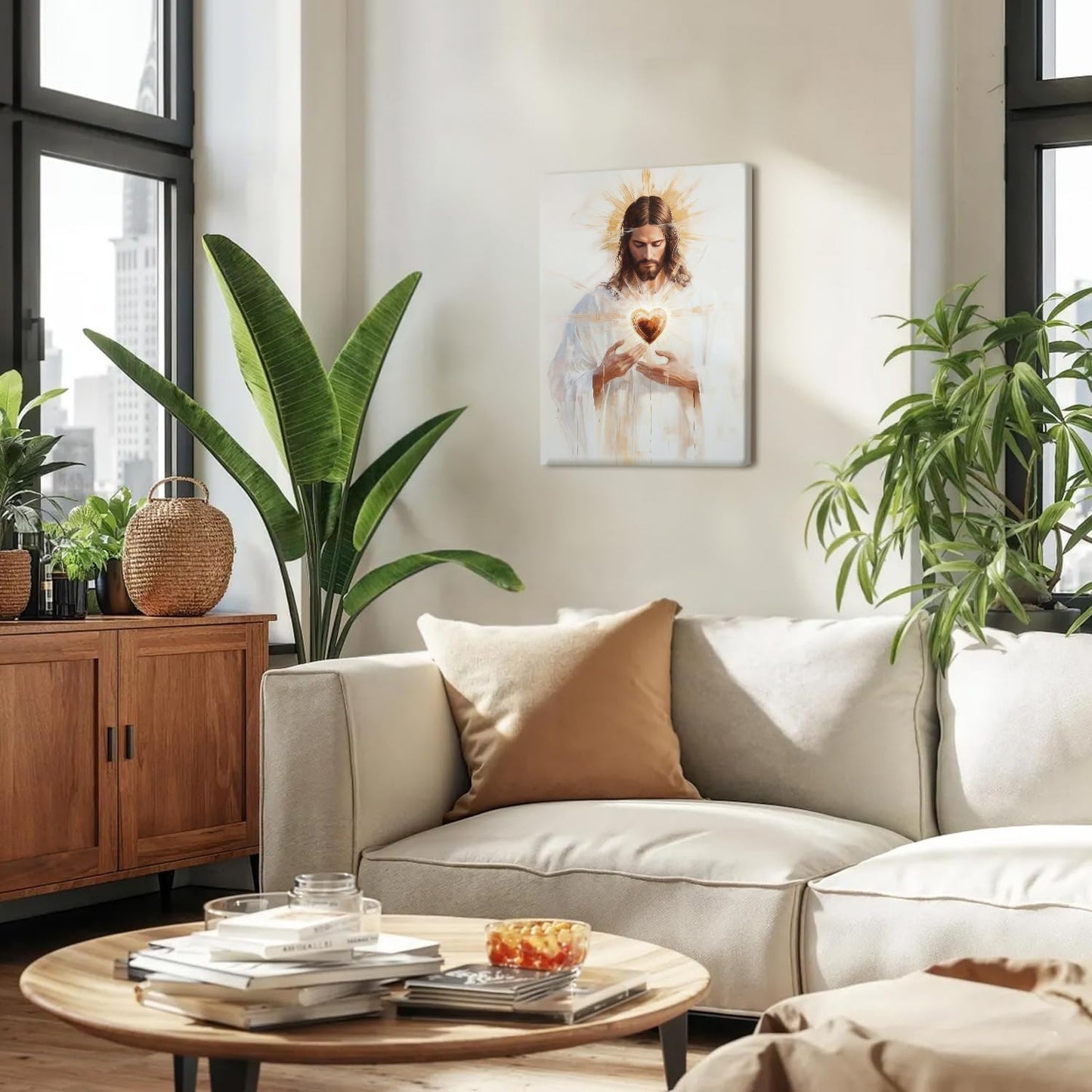 Framed Jesus Sacred Heart Christian Religious Wall Art Decor Canvas Print Print Poster Artwork Christian Home Decor Gallery for prayer room Bedroom Living Room 12x16 Inch Ready to Hang