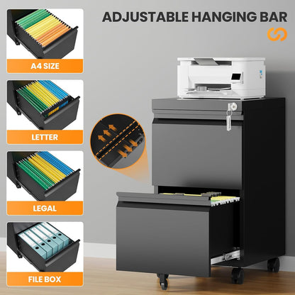 2 drawer file cabinet, fully assembled mobile file showing dimensions