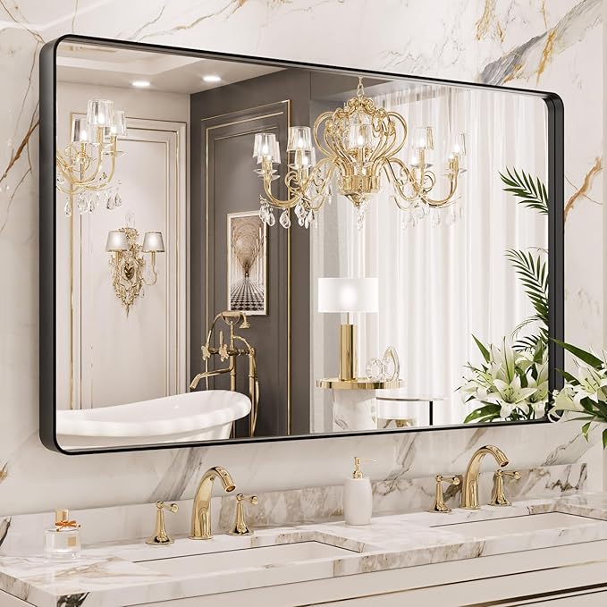 LOAAO 50X30 Inch Black Metal Framed Bathroom Mirror by LOAAO